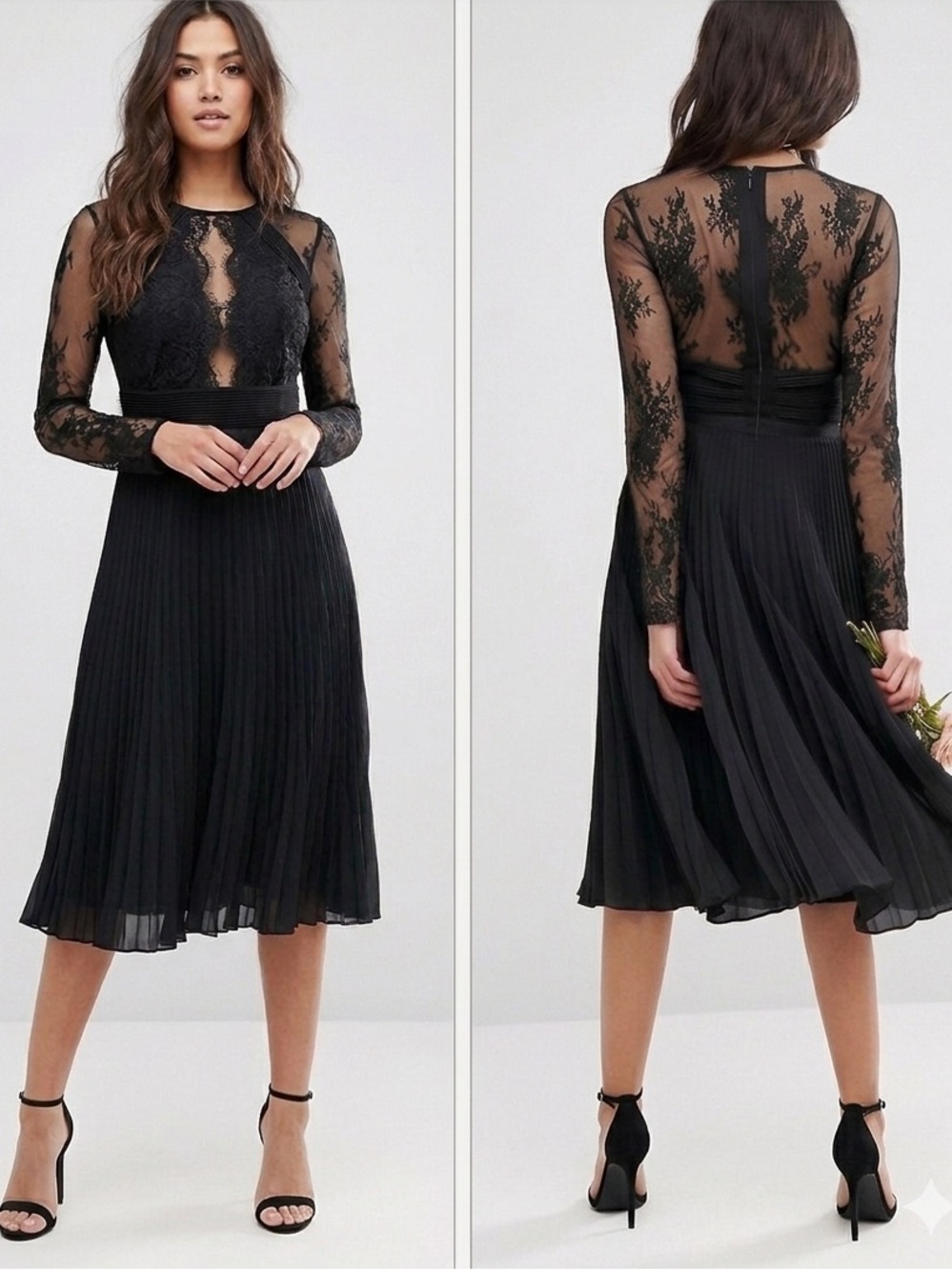 ASOS CURVE Pretty Lace Eyelash Pleated Midi Dress - Lace Back and Bust